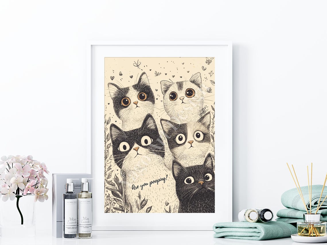 Are You Pooping Five Wide Eyed Cats Funny Bathroom Art Poster - Image 3