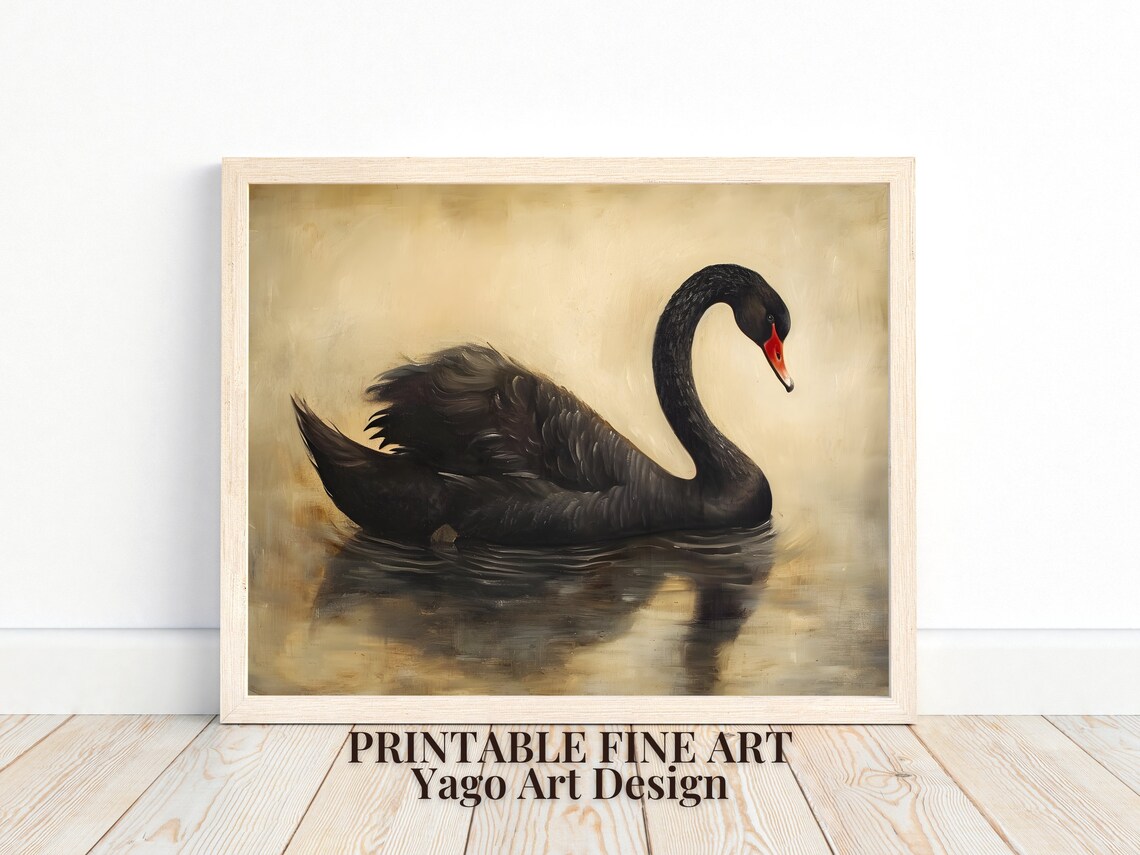 Black Swan Golden Water Vintage Oil Painting Elegant Wall Art