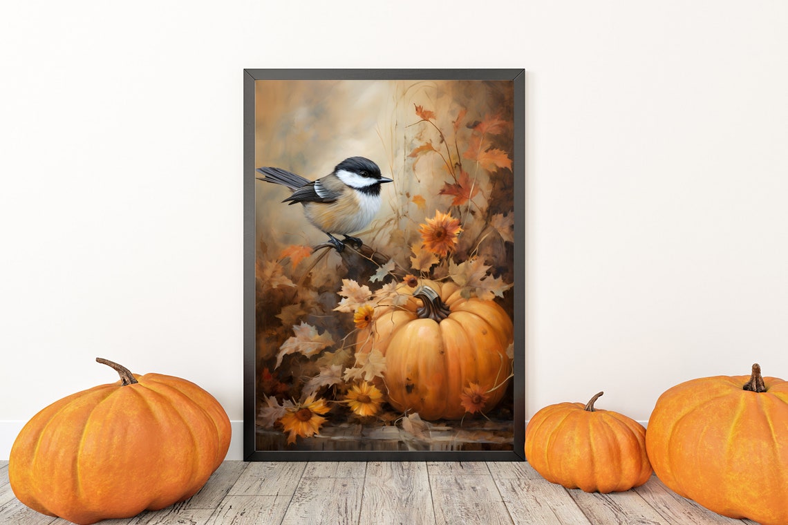Chickadee with Pumpkin Autumn Leaves Fall Harvest Bird Poster - Image 3