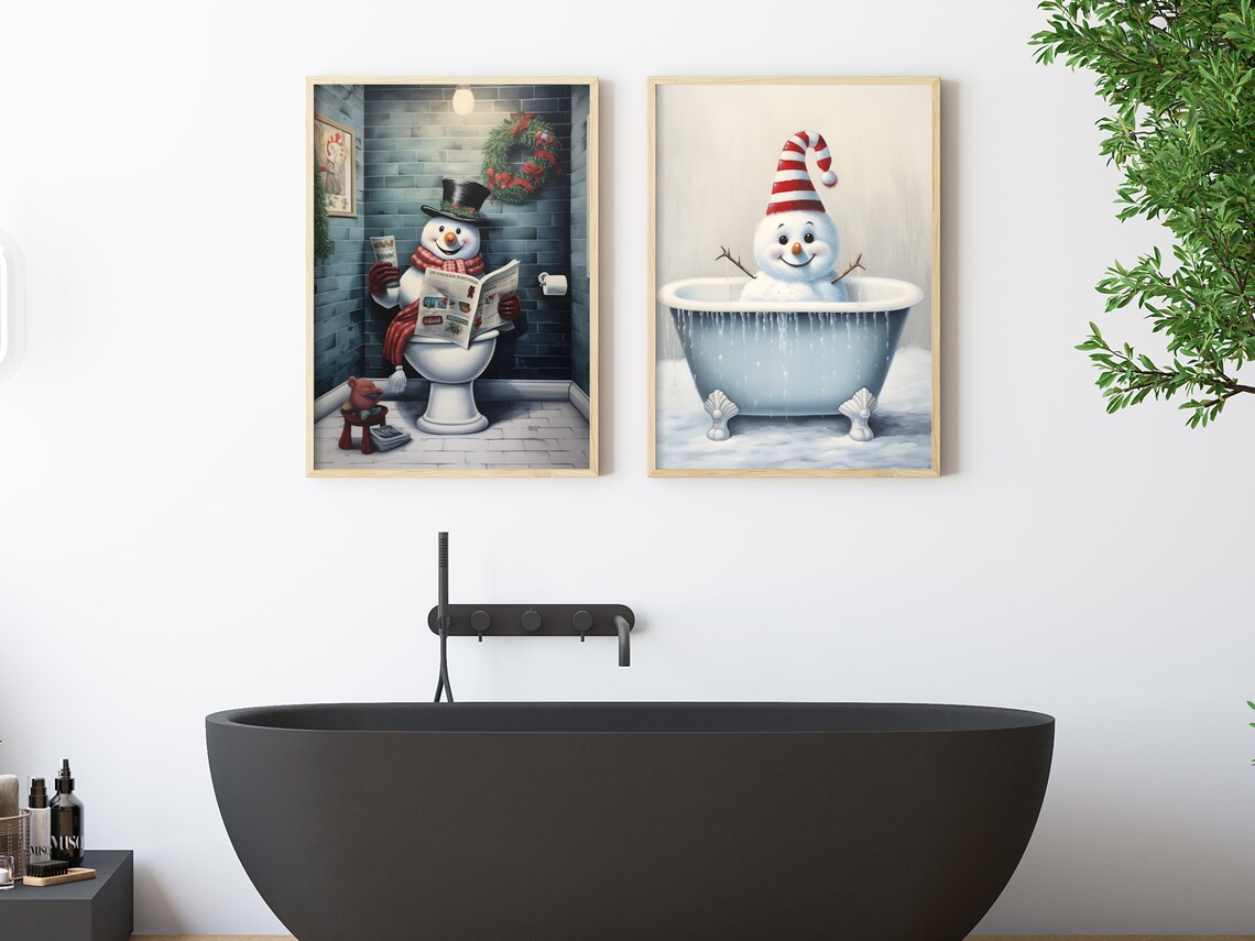 Snowman on Toilet Reading Newspaper Funny Bathroom Humor Poster - Image 2