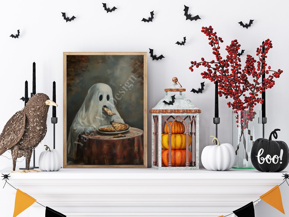 Ghost Eating Pizza Art Print Halloween Poster Dark Academia Wall Decor Haunting Ghost Ghost Eating Wall Art Kitchen Decor Cute Gift - Image 4