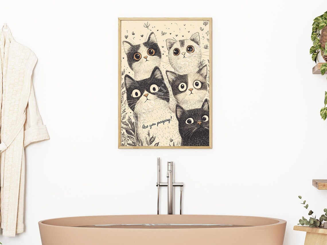 Are You Pooping Five Wide Eyed Cats Funny Bathroom Art Poster