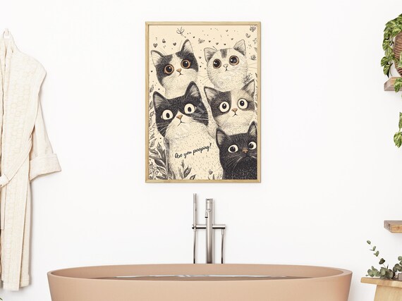 Are You Pooping Five Wide Eyed Cats Funny Bathroom Art Poster