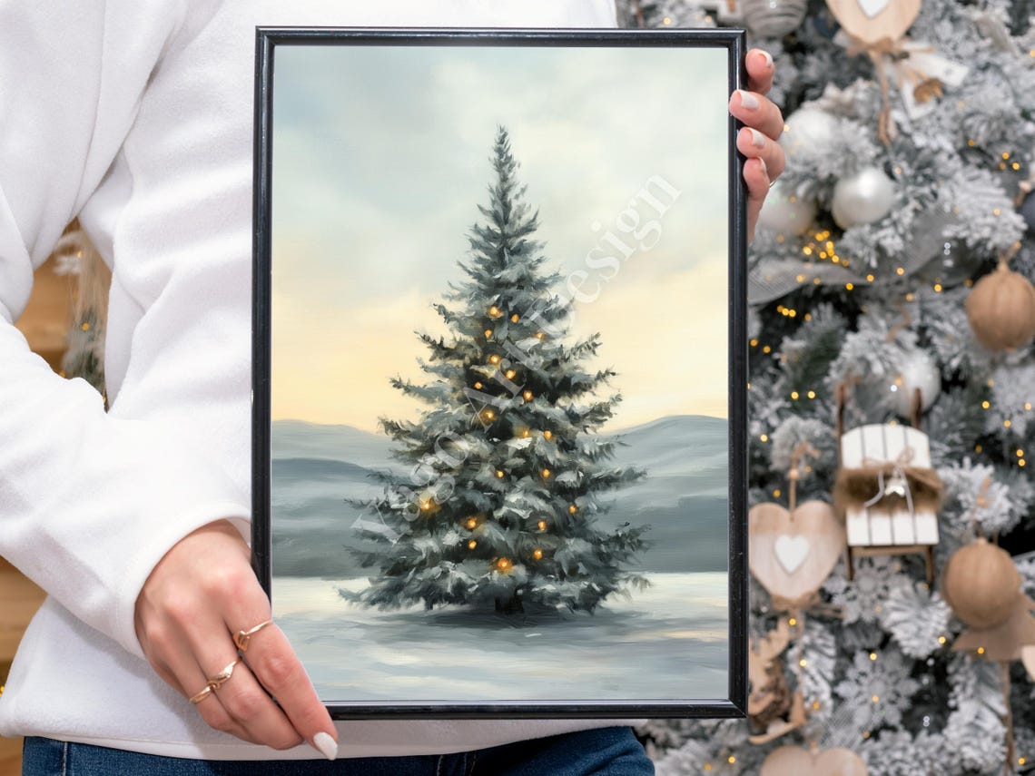 Snowy Christmas Tree Warm String Lights Winter Landscape Poster - Image 4