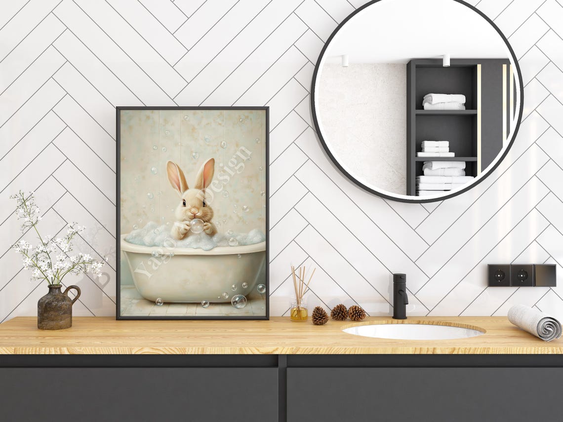 Easter Bunny In Bathtub Wall Art Print Rabbit In Bathroom Wall Decor Bathroom Animal Art Prints Funny Bathroom Decor Cute - Image 3