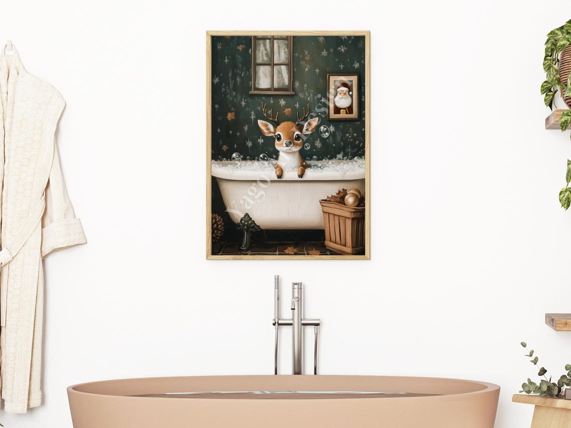 Cute Reindeer Bubble Bath Poster Whimsical Christmas Nursery Art - Image 2