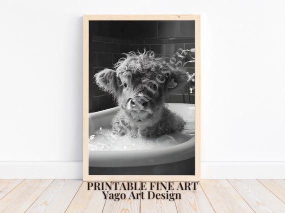 Highland Cow Sitting In Bathtub Cute Calf Bathroom Decor Funny Bathroom Print Animal On Toilet Poster Whimsy Animal Wall Art Gift