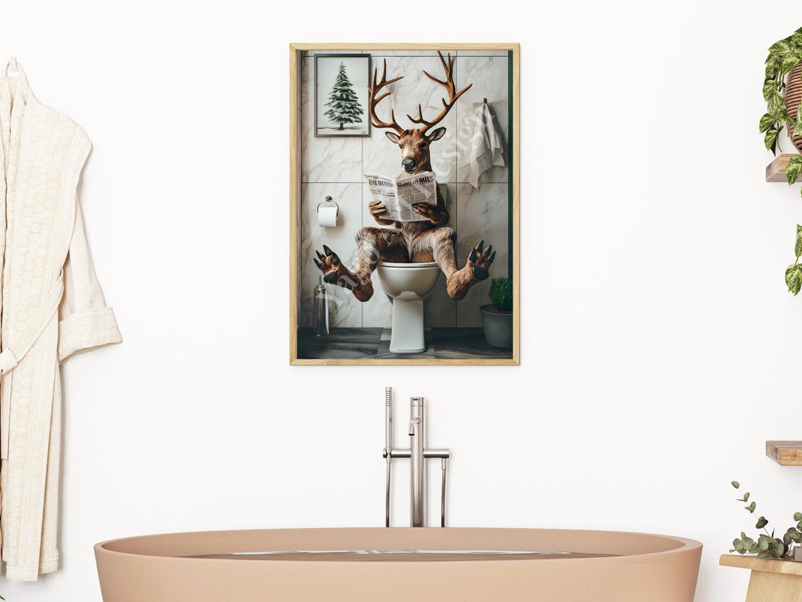 Funny Reindeer Reading Newspaper on Toilet Christmas Bathroom Poster - Image 3