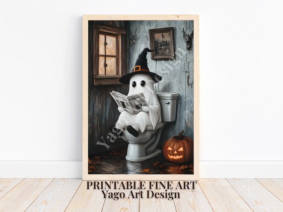Cute Ghost On Toilet Witch Hat Pumpkin Funny Halloween Poster