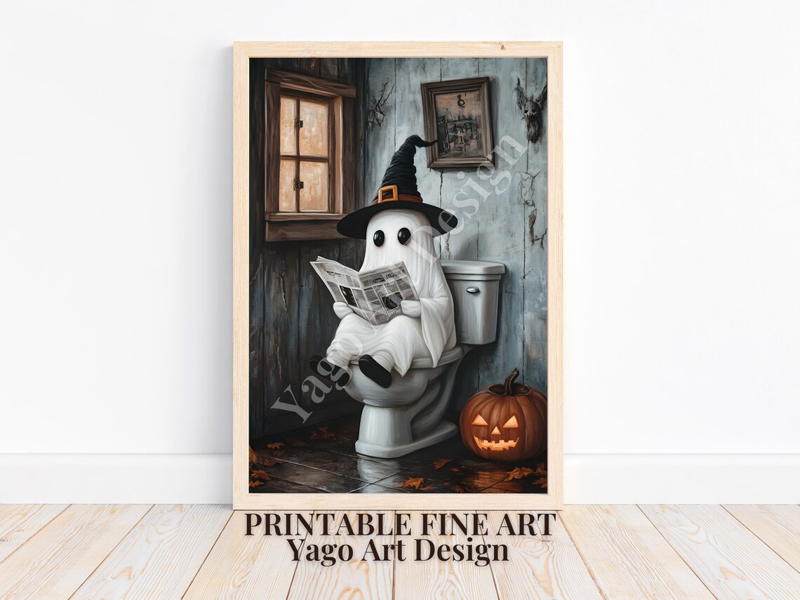 Cute Ghost On Toilet Witch Hat Pumpkin Funny Halloween Poster