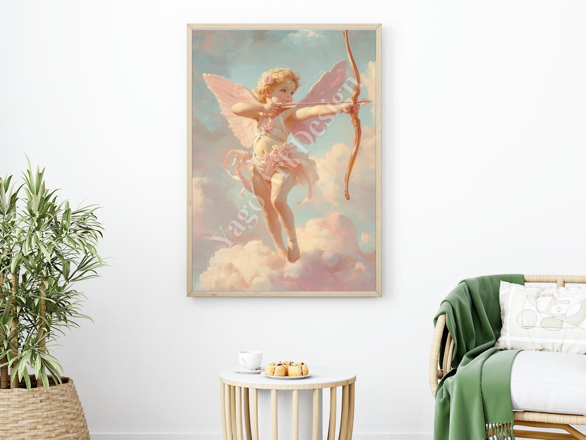 Cupid With Bow And Arrow Flying Pastel Clouds Valentine Poster