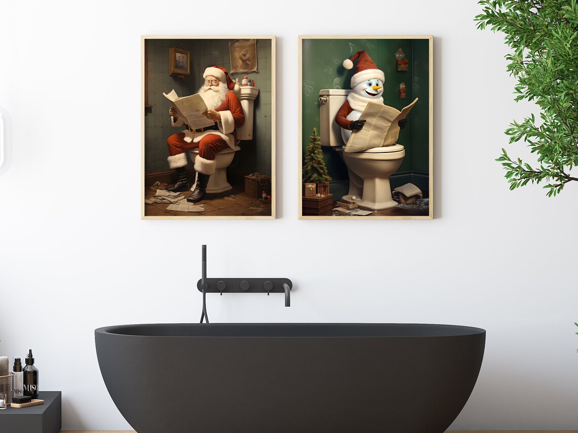 Cheerful Snowman On Toilet Reading Newspaper Funny Christmas Poster - Image 2