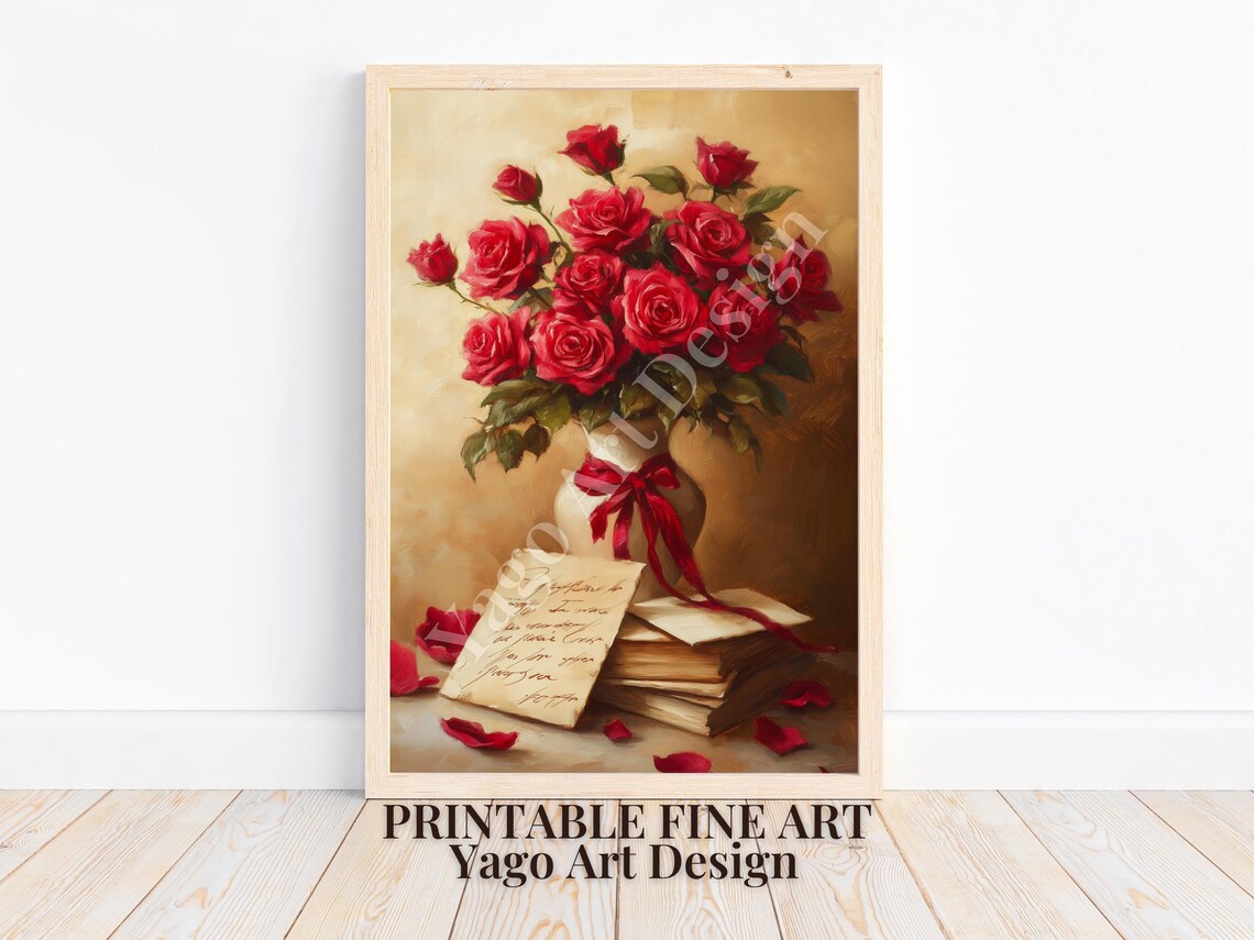 Red Roses Bouquet with Love Letter Poster Vintage Valentine Art