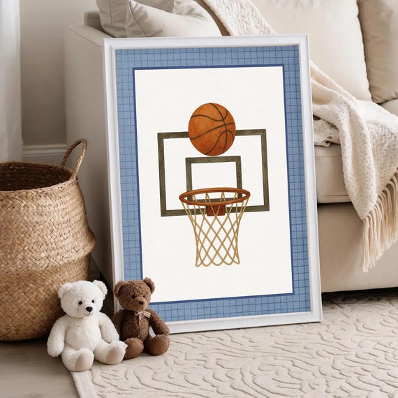Vintage Basketball Wall Art Retro Sports Print Navy Blue Decor For Boys Room Teen Bedroom Nursery