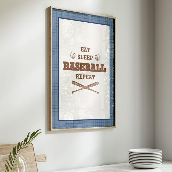 Vintage Baseball Motivational Quote Print Navy Blue Frame Retro Sports Nursery Decor