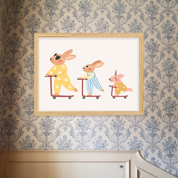 Rabbits On Scooters Nursery Wall Art Kids Room Decor Poster Animal For Baby Toddler