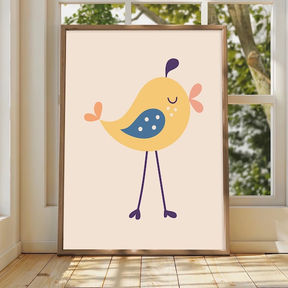 Cheerful Yellow Bird Blue Dotted Wing Scandinavian Kids Nursery Poster