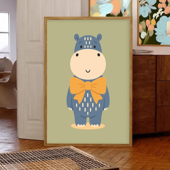 Blue Hippo Yellow Bow Tie Cute Kids Nursery Room Animal Poster