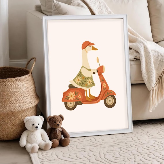 Cute Duck Riding Flower Scooter Cap Funny Kids Nursery Poster