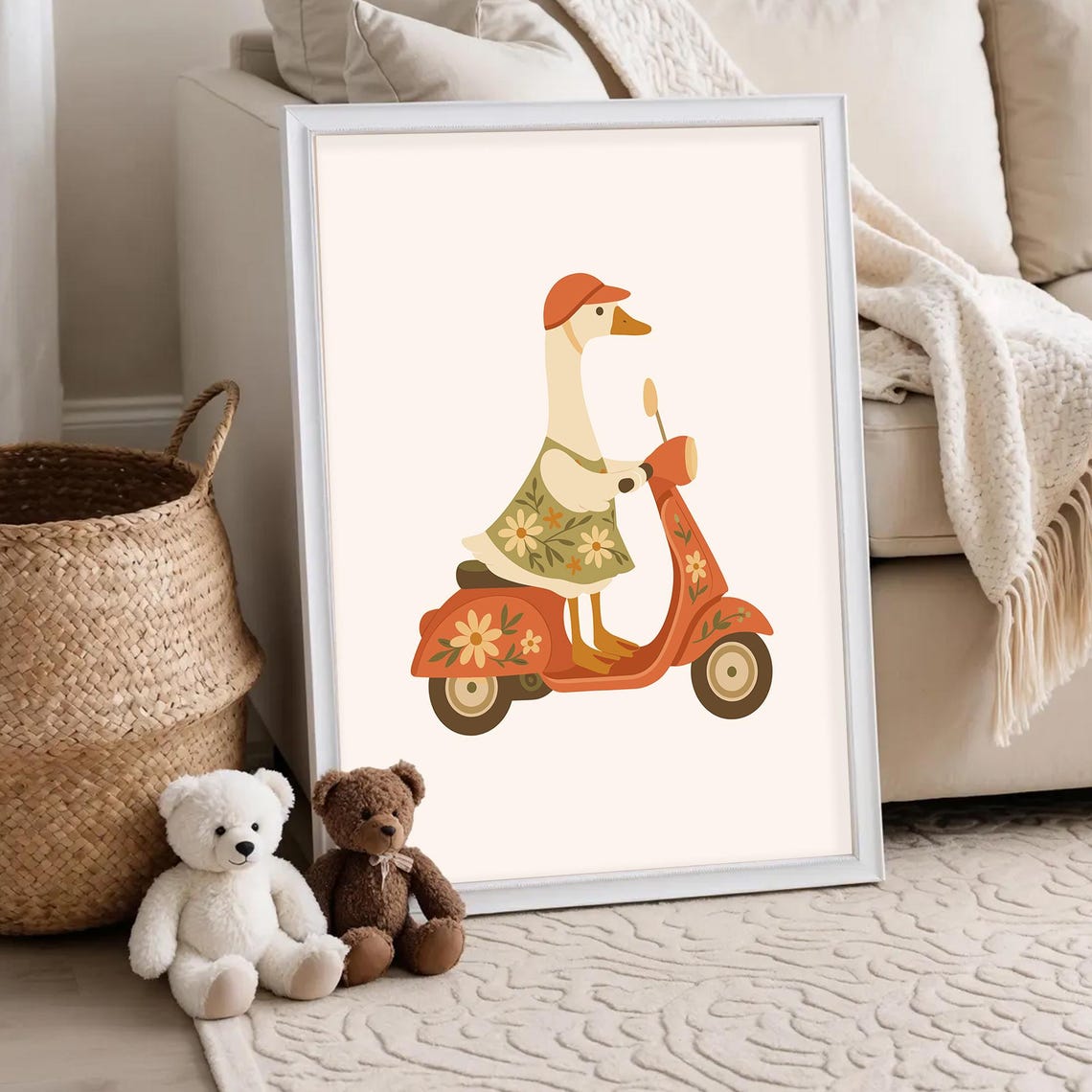 Cute Duck Riding Flower Scooter Cap Funny Kids Nursery Poster
