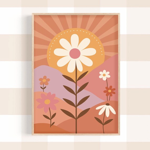 Retro Daisy Sunburst Boho Sun Terracotta Hills Big Floral Poster