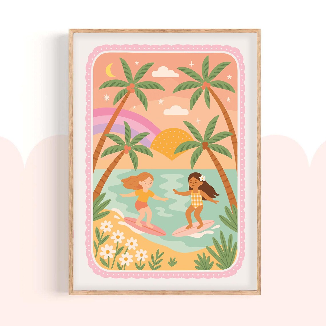 Surf Girls Sunset Palm Trees Playful Kids Beach Nursery Poster