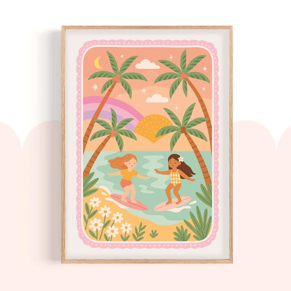Happy Surfing Girls Nursery Wall Art Kids Room Decor Poster Animal For Baby Toddler