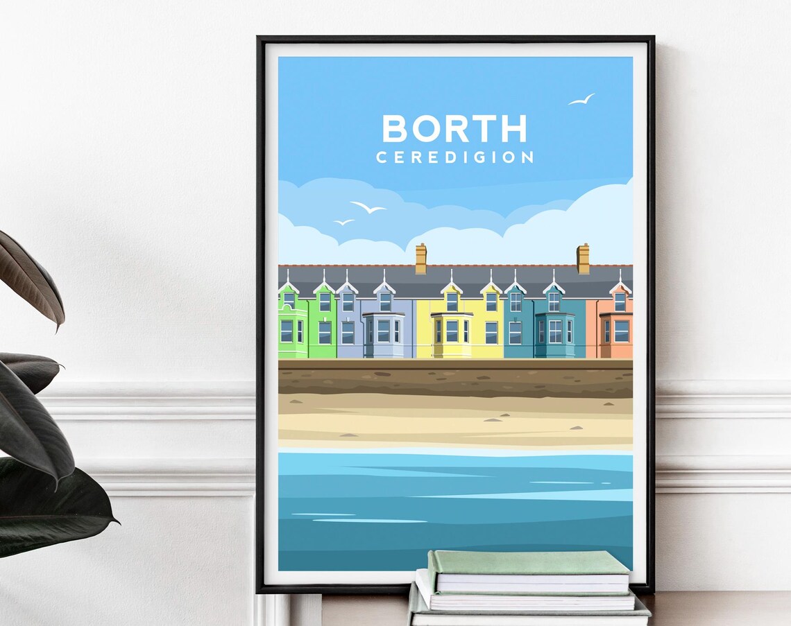 Borth Beach Travel Poster, Ceredigion Wales