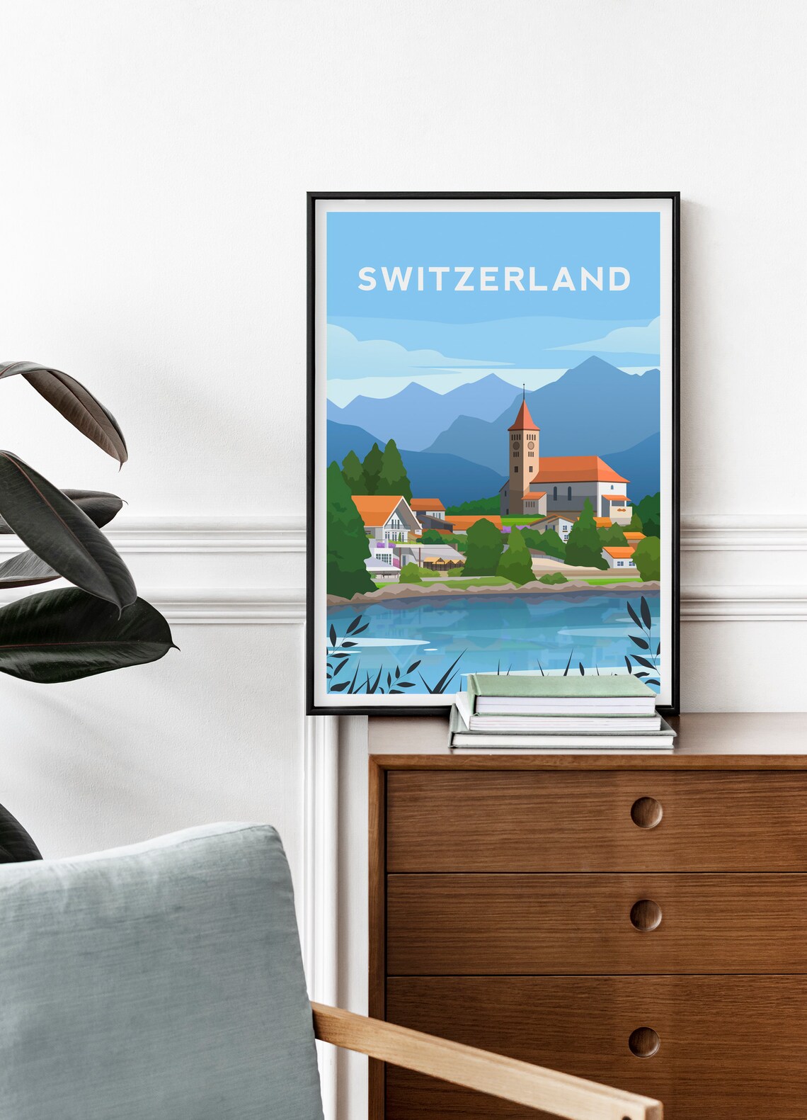 Switzerland Alpine Lakeside Village and Church Travel Poster - Image 2