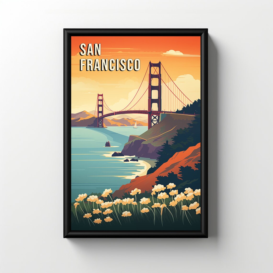 San Francisco Golden Gate Sunset Bridge Retro Ocean View Travel Poster