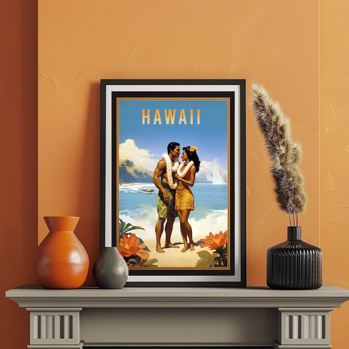 Hawaii Retro Couple Beach Leis Ocean Breeze Vintage Travel Poster - Image 2