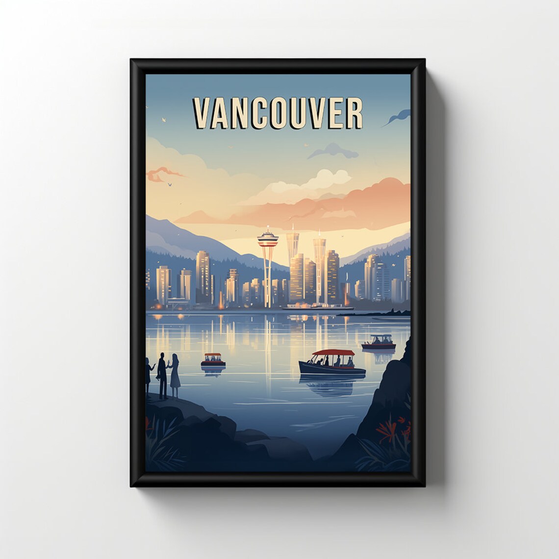 Vancouver British Columbia Harbor Skyline Boats Retro Travel Poster