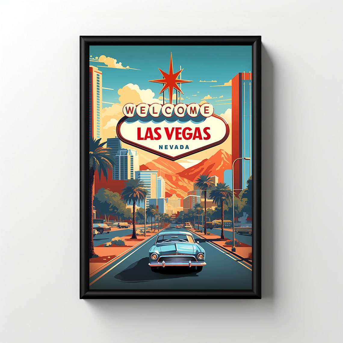 Las Vegas Nevada Welcome Sign Classic Car Retro Sunset Travel Poster