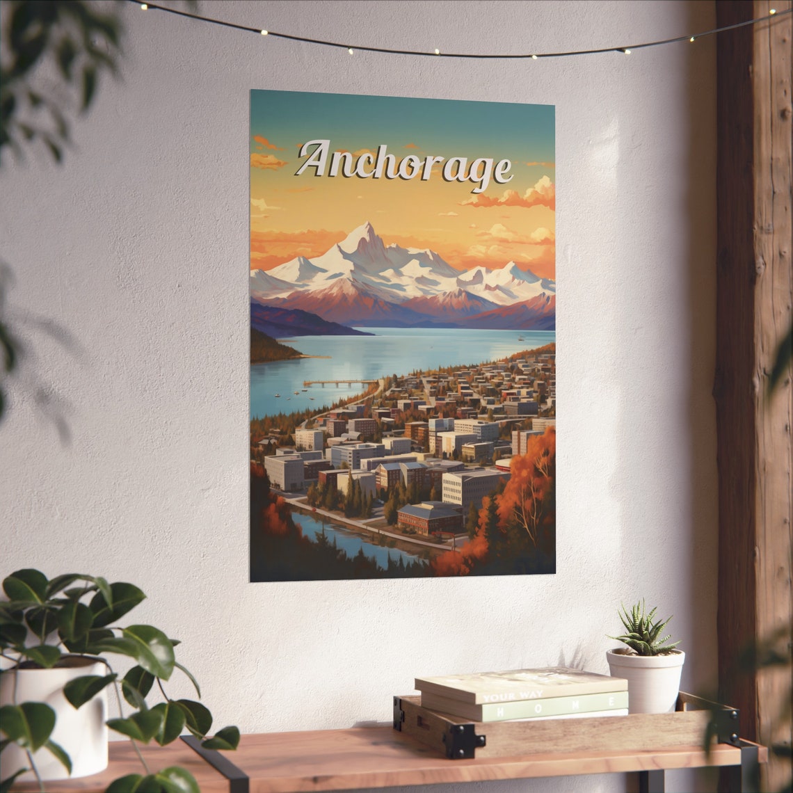 Anchorage Alaska Mountain Waterfront Retro Sunset Travel Poster - Image 2