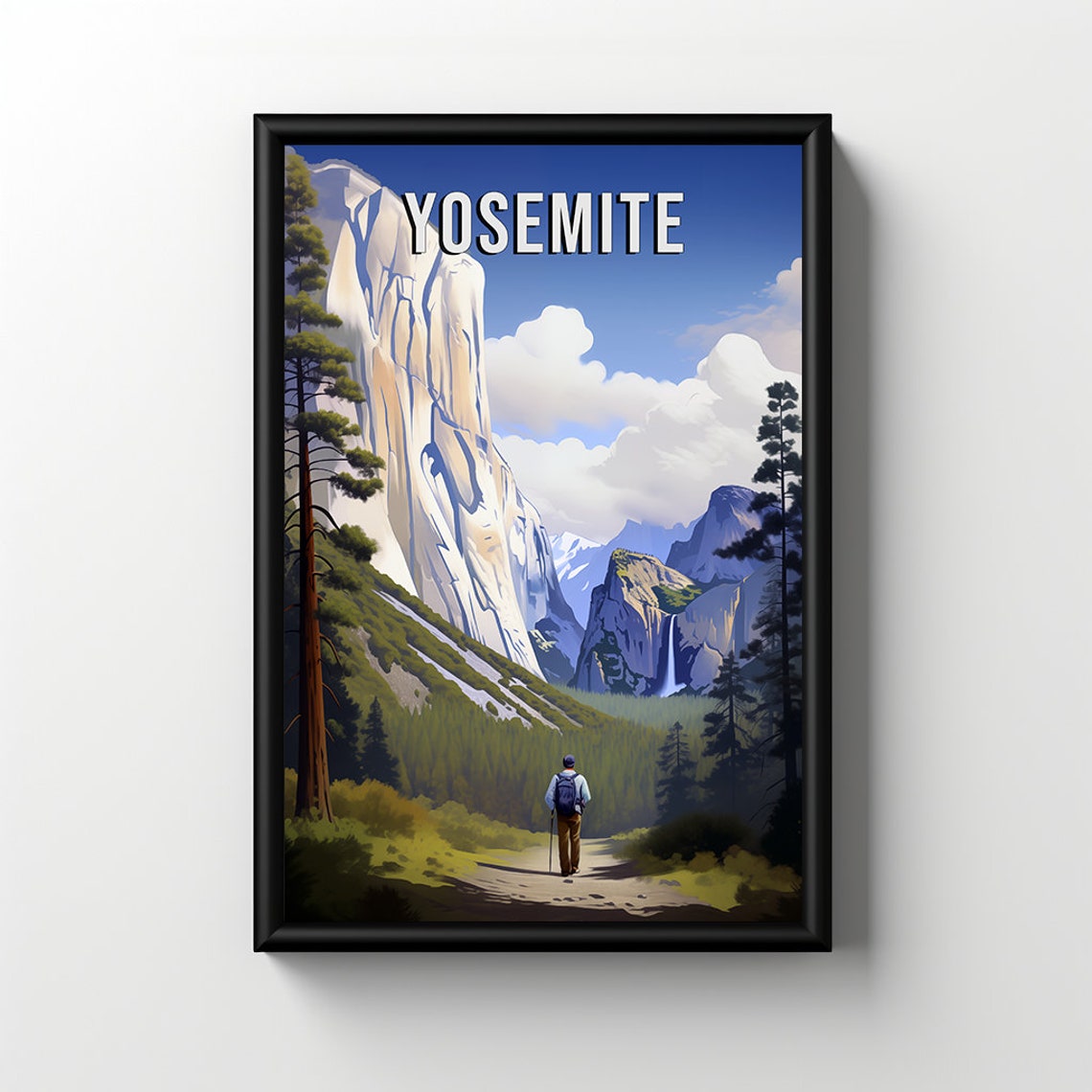 Yosemite Granite Cliffs Waterfall Hiker Trail Vintage Travel Poster