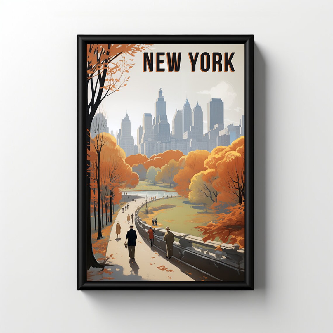 New York City Autumn Park Strollers Skyline Vintage Travel Poster