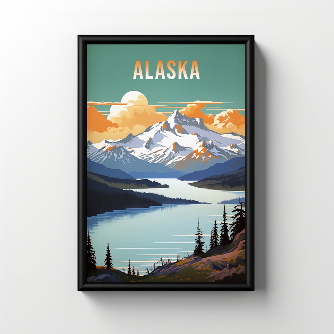 Alaska Snow Capped Mountains Lakeside Forest Vintage Travel Poster