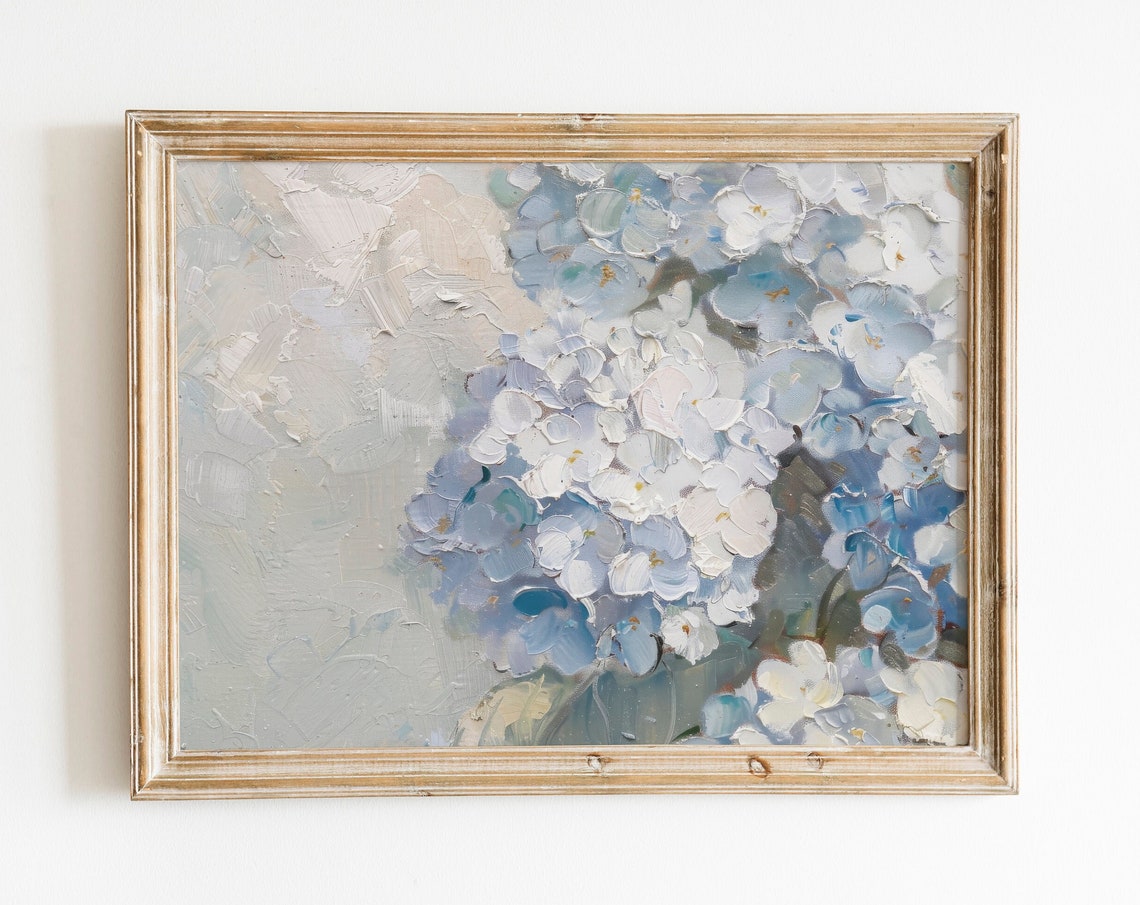 Blue and White Hydrangea Blooms Impressionist Oil Painting Poster