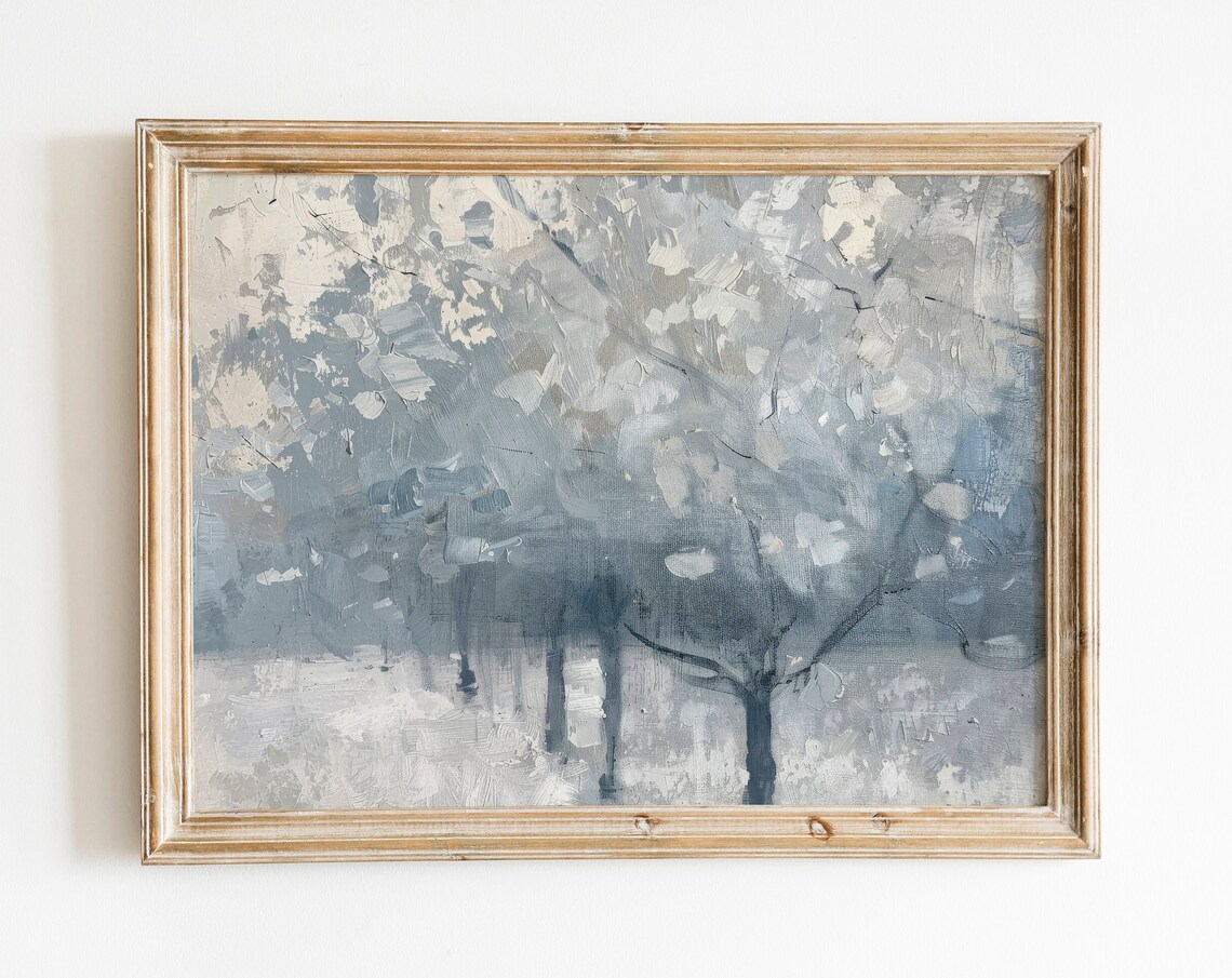 Gray Blue Tree Grove in Mist Impressionist Oil Painting Poster