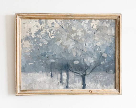 Tree Grove Blue Vintage Print Farmhouse Art Landscape Wall