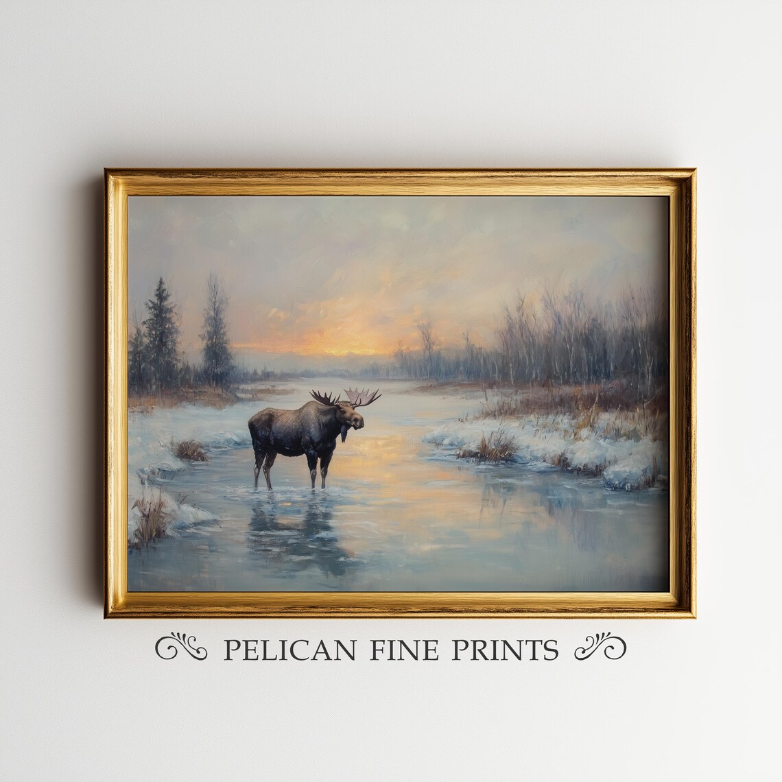 Moose in Winter Wetland Oil Painting Northern Wildlife Art Poster