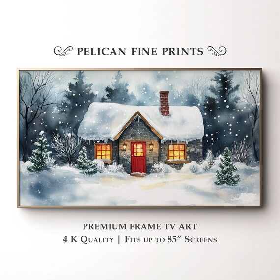 Cozy Stone Cottage Snowy Night Red Door Glowing Windows Wall Art