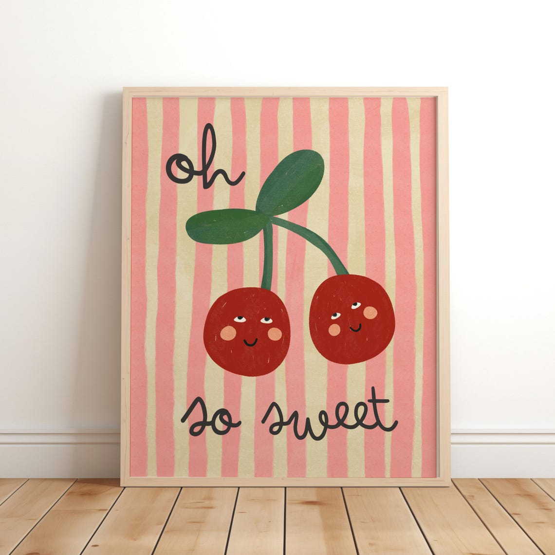 Oh So Sweet Smiling Cherry Faces Pink Stripe Nursery Art Print
