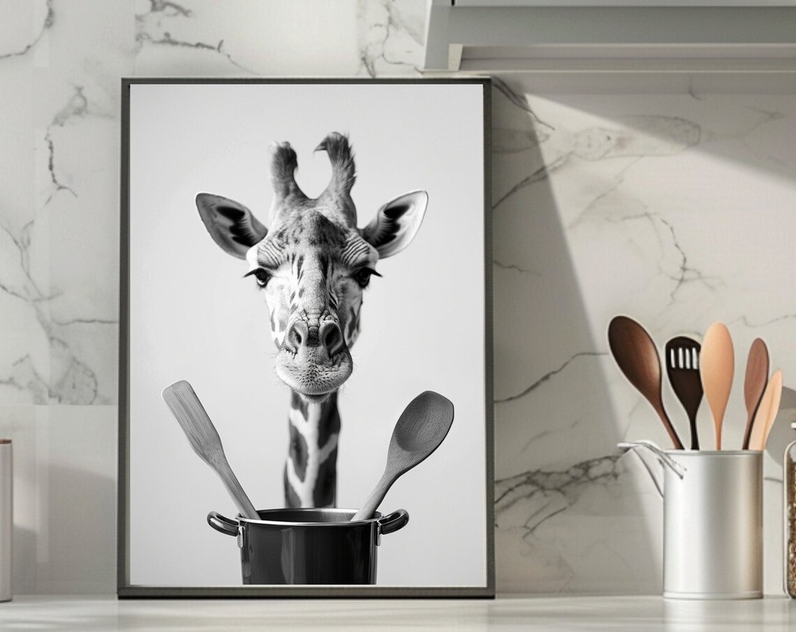 Giraffe Head over a Cooking Pot with Wooden Spoons Funny Kitchen Poster