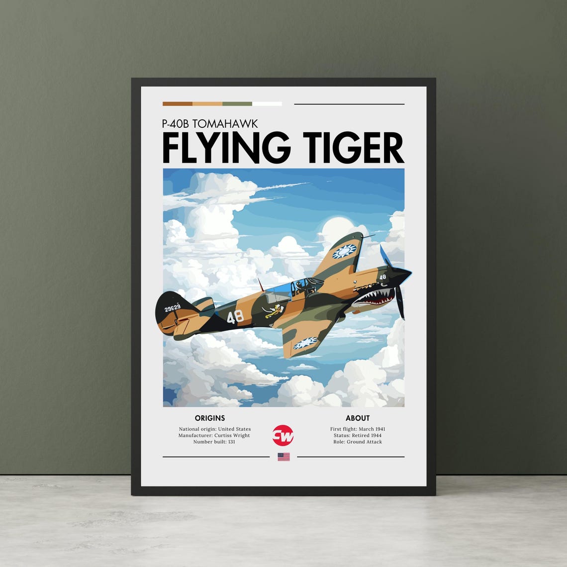 Curtiss P40b Tomahawk Flying Tiger Print Wwii Aviation Art Usa Jet Plane Poster Fighter Ground Attack Wall