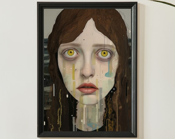 Yellow Eyed Woman Portrait Paint Drips Surreal Dark Style Art Poster