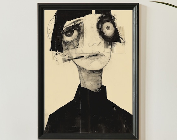 Melancholy Woman Oversized Eyes Moody Black Ink Sketch Poster