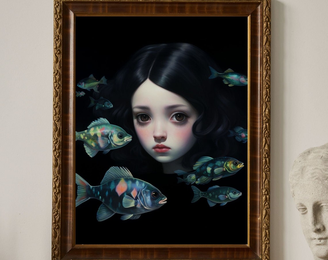Deep Thought Dark Surreal Girl Fish Fantasy Portrait Art Print