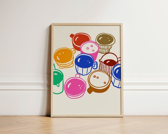 Colorful Coffee Mugs Hand Drawn Cup Collection Kitchen Decor Wall Art