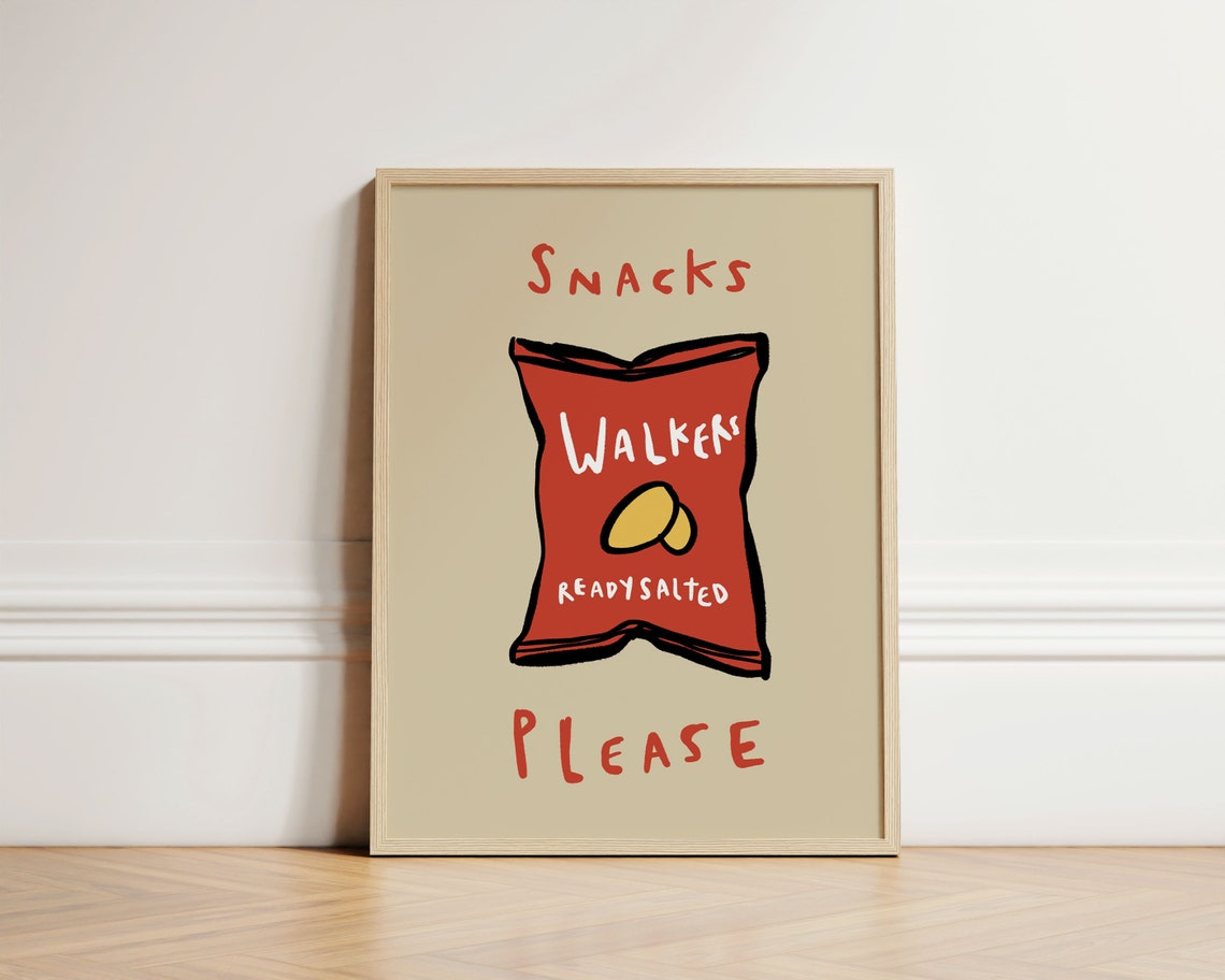 Snacks Please Walkers Crisps Bag Retro Hand Drawn Kitchen Art Poster